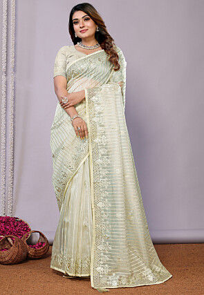 Embroidered Art Silk Saree in Pastel Green