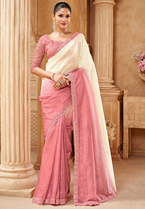 Embroidered Art Silk Saree in Peach and White Ombre