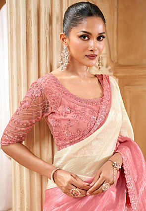 Embroidered Art Silk Saree in Peach and White Ombre