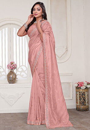 Embroidered Art Silk Saree in Peach