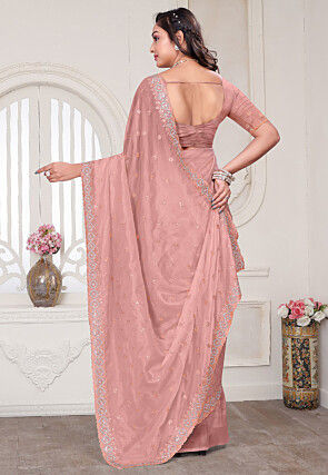 Embroidered Art Silk Saree in Peach
