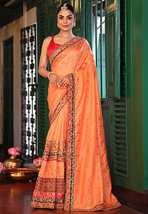 Embroidered Art Silk Saree in Peach