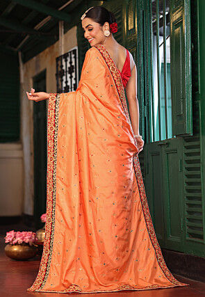 Embroidered Art Silk Saree in Peach