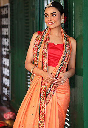 Embroidered Art Silk Saree in Peach