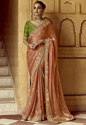 Embroidered Art Silk Saree in Peach