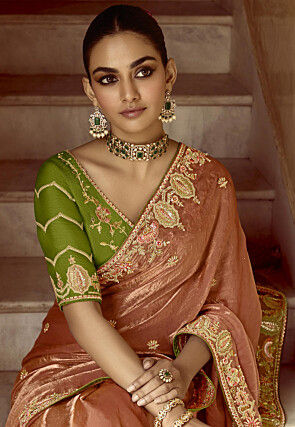Embroidered Art Silk Saree in Peach