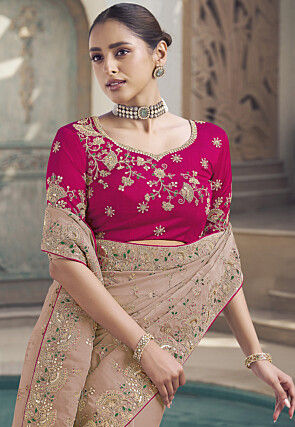 Embroidered Art Silk Saree in Peach