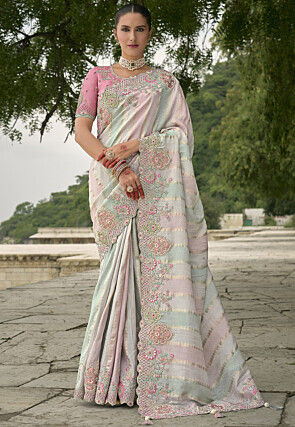 Embroidered Art Silk Jacquard Saree in Pink and Sea Green
