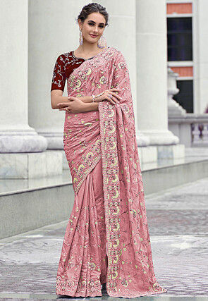 Dusty Pink Designer Embroidered Silk Wedding Saree