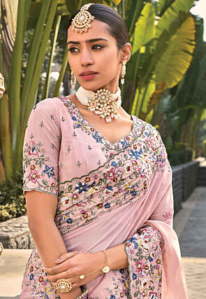 Embroidered Art Silk Saree in Pink