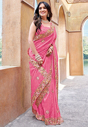 Embroidered Art Silk Saree in Pink