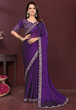 Embroidered Border Art Silk Scalloped Saree in Purple