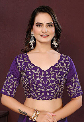 Embroidered Border Art Silk Scalloped Saree in Purple