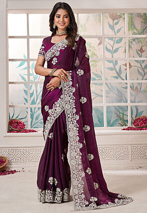 Embroidered Art Silk Saree in Purple