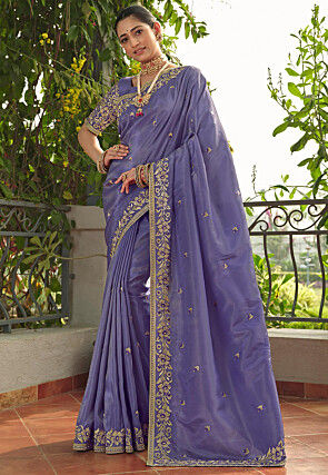Embroidered Art Silk Saree in Purple