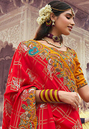 Embroidered Art Silk Saree in Red and Mustard