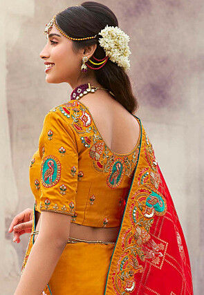 Embroidered Art Silk Saree in Red and Mustard