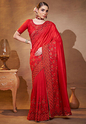Embroidered Art Silk Saree in Red