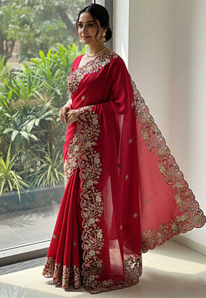 Embroidered Art Silk Saree in Red