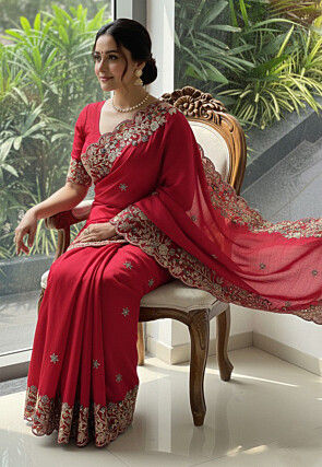 Embroidered Art Silk Saree in Red