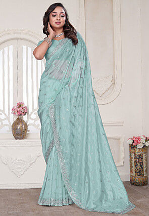 Embroidered Art Silk Saree in Sea Green