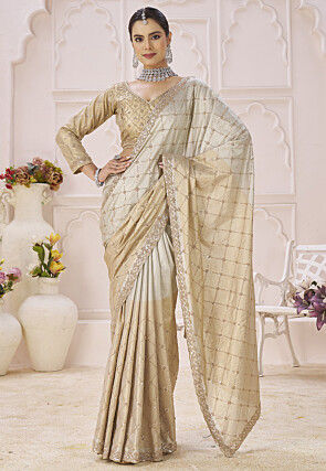 Embroidered Art Silk Saree in Silver and Light Beige