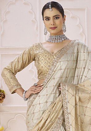 Embroidered Art Silk Saree in Silver and Light Beige