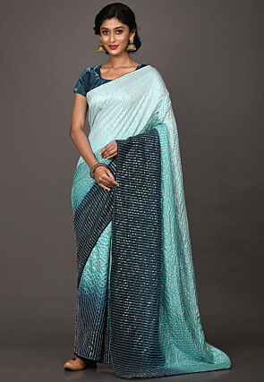 Embroidered Art Silk Saree in Teal Blue Ombre