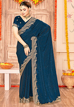 Embroidered Art Silk Saree in Teal Blue