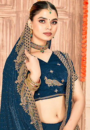 Embroidered Art Silk Saree in Teal Blue