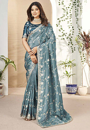Embroidered Art Silk Saree in Grey
