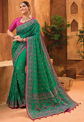 Embroidered Art Silk Saree in Teal Green