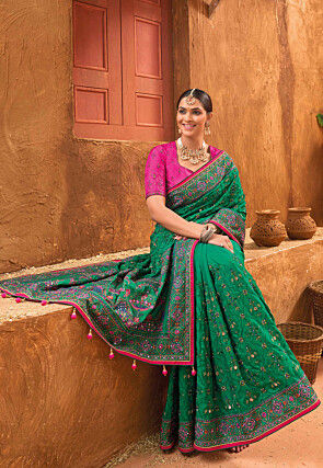 Embroidered Art Silk Saree in Teal Green