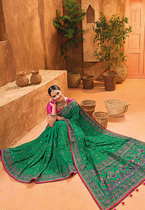 Embroidered Art Silk Saree in Teal Green