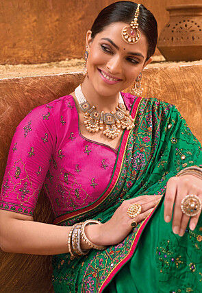 Embroidered Art Silk Saree in Teal Green