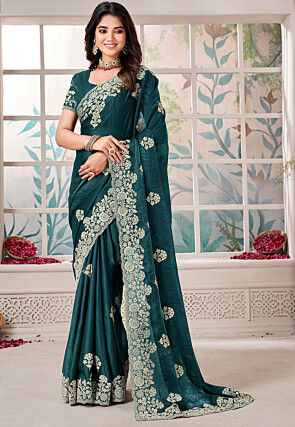 Embroidered Art Silk Saree in Teal Green