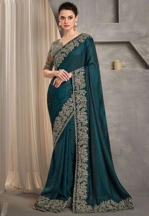 Embroidered Border Art Silk Saree in Teal Green