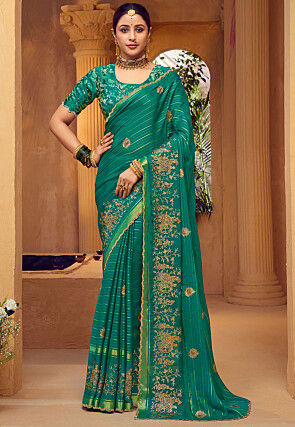 Embroidered Art Silk Saree in Teal Green