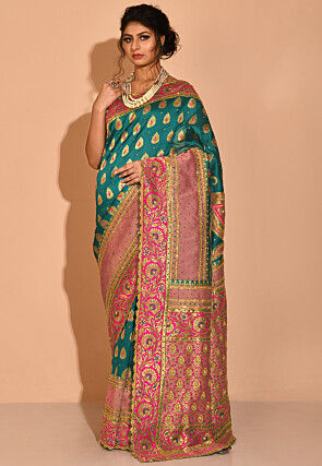 Embroidered Art Silk Saree in Teal Green