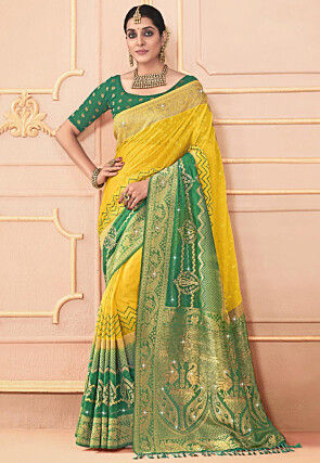 Embroidered Art Silk Saree in Yellow and Green