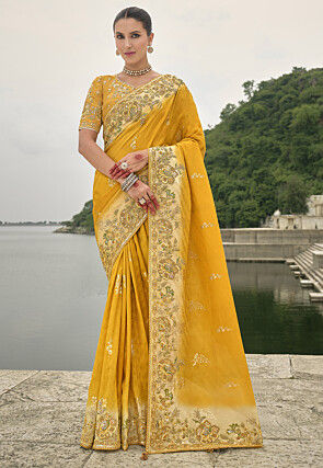 Embroidered Art Silk Jacquard Saree in Yellow