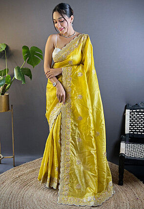 Embroidered Art Silk Saree in Yellow