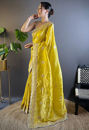 Embroidered Art Silk Saree in Yellow