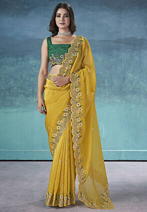 Embroidered Art Silk Saree in Yellow