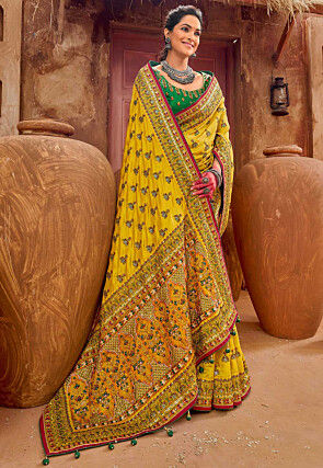 Embroidered Art Silk Saree in Yellow