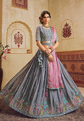 Embroidered Art Silk Scalloped Lehenga in Grey
