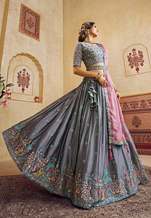 Embroidered Art Silk Scalloped Lehenga in Grey