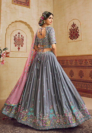Embroidered Art Silk Scalloped Lehenga in Grey