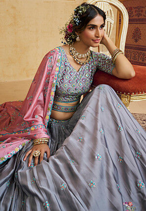 Embroidered Art Silk Scalloped Lehenga in Grey