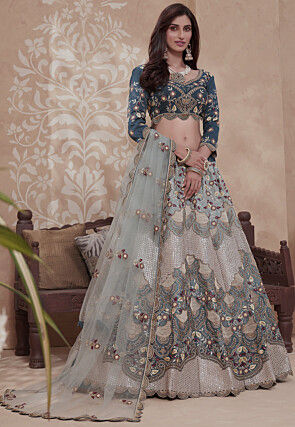 Embroidered Art Silk Scalloped Lehenga in Light Fawn and Blue